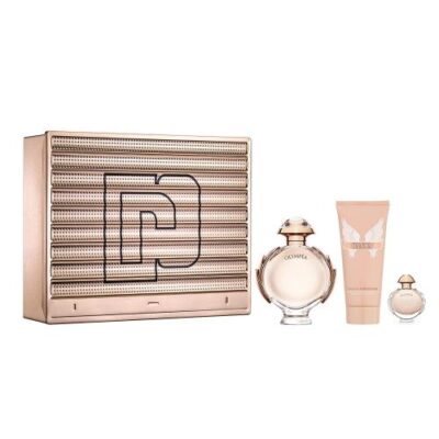 Paco Olympea 3 Pcs Set For Women: 2.7 Eau De Parfum Spray + 0.2 Oz Eau De Parfum Mini + 3.4 Sensual Body Lotion (Metal Box)