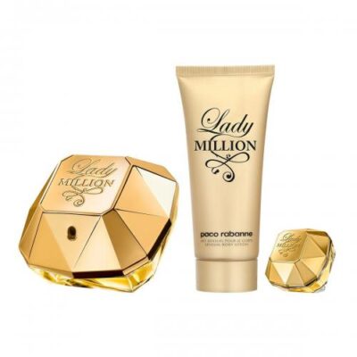 Paco Lady Million 3 Pcs Set: 2.7 Eau De Parfum Spray + 3.4 Body Lotion + 0.17 Eau De Parfum Spray (Metal Box)