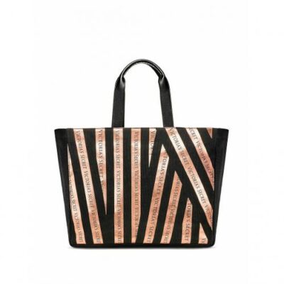 Victoria'S Secret Large Black Gold Metallic Striped Bombshell Tote Bag